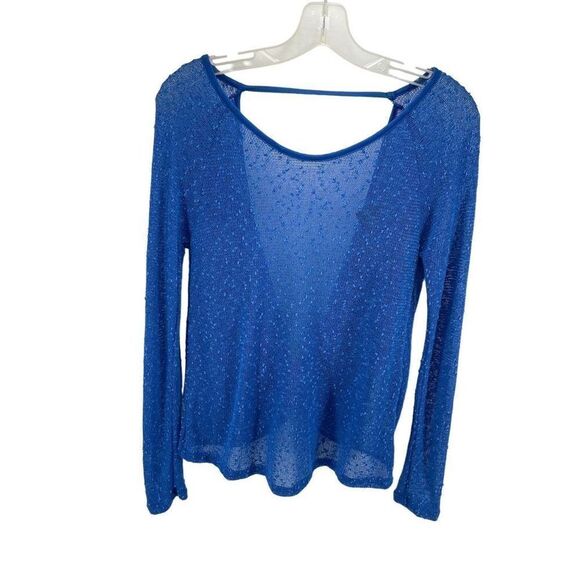 Paper Crane Womens Long Sleeeve Blouse Top Sheer Open Back Stretch Blue Small - Picture 2 of 9